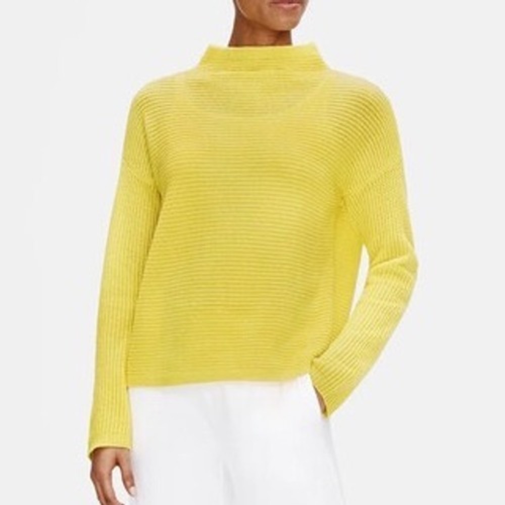 Eileen Fisher 100% Cashmere Funnel Neck Box Top Yellow Knit size Medium